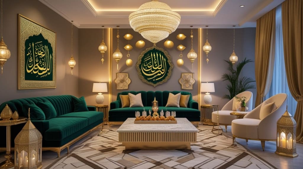 Luxurious Ramadan interior design featuring elegant dining spaces, serene prayer corners, and opulent living areas for a warm and spiritual ambiance.